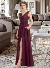 Load image into Gallery viewer, Coral A-Line V-neck Floor-Length Chiffon Lace Bridesmaid Dress With Beading Sequins Split Front Pockets XXCP0013168