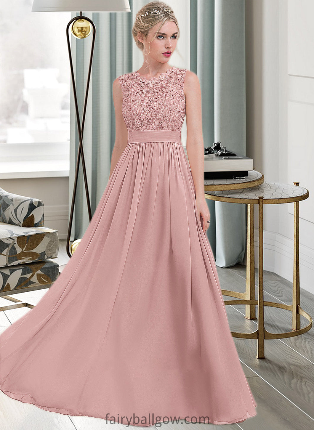 Daniella A-Line Scoop Neck Floor-Length Chiffon Lace Bridesmaid Dress With Ruffle XXCP0013171