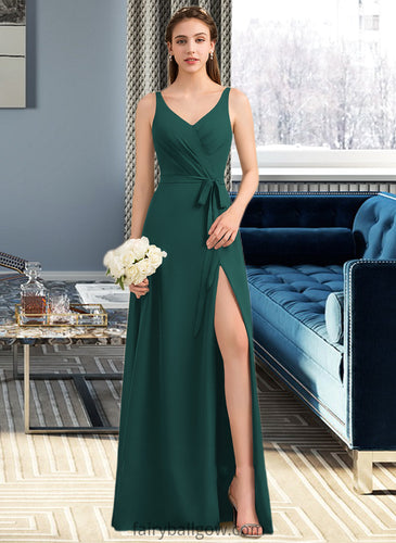 Danica A-Line V-neck Floor-Length Chiffon Bridesmaid Dress With Ruffle Bow(s) Split Front XXCP0013181