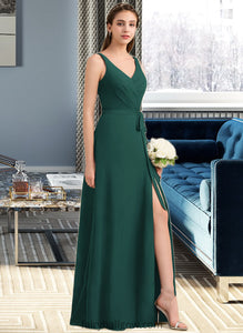 Danica A-Line V-neck Floor-Length Chiffon Bridesmaid Dress With Ruffle Bow(s) Split Front XXCP0013181