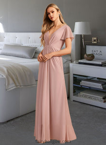 Audrey A-Line V-neck Floor-Length Bridesmaid Dress With Ruffle XXCP0013183