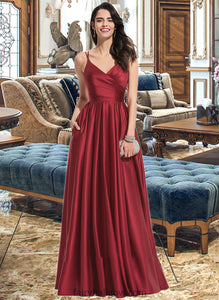 Kali A-Line V-neck Floor-Length Satin Bridesmaid Dress With Ruffle Pockets XXCP0013187