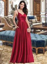 Load image into Gallery viewer, Kali A-Line V-neck Floor-Length Satin Bridesmaid Dress With Ruffle Pockets XXCP0013187