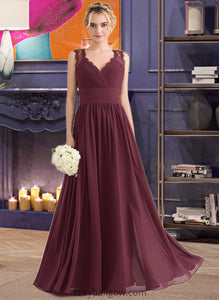 Journey A-Line V-neck Floor-Length Chiffon Lace Bridesmaid Dress With Ruffle Bow(s) XXCP0013191