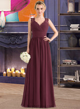 Load image into Gallery viewer, Journey A-Line V-neck Floor-Length Chiffon Lace Bridesmaid Dress With Ruffle Bow(s) XXCP0013191