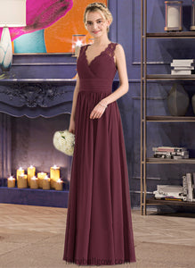 Journey A-Line V-neck Floor-Length Chiffon Lace Bridesmaid Dress With Ruffle Bow(s) XXCP0013191