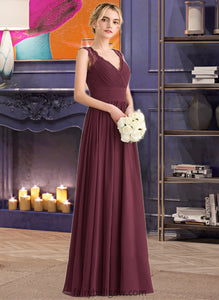 Journey A-Line V-neck Floor-Length Chiffon Lace Bridesmaid Dress With Ruffle Bow(s) XXCP0013191