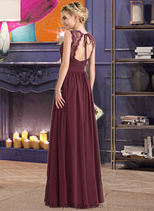 Journey A-Line V-neck Floor-Length Chiffon Lace Bridesmaid Dress With Ruffle Bow(s) XXCP0013191