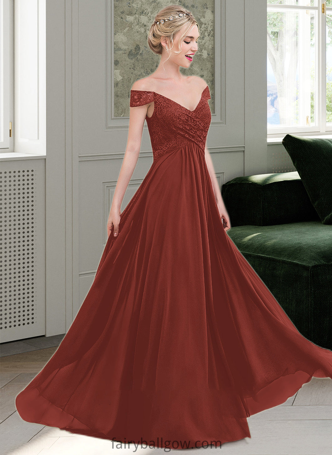 Stella A-Line Off-the-Shoulder Floor-Length Chiffon Lace Bridesmaid Dress With Ruffle XXCP0013193