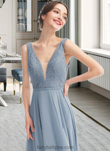 Elle A-Line V-neck Floor-Length Bridesmaid Dress XXCP0013199