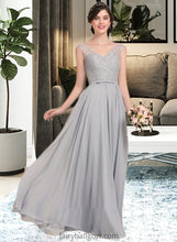 Load image into Gallery viewer, Harper A-Line V-neck Floor-Length Chiffon Lace Bridesmaid Dress With Bow(s) XXCP0013203