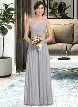 Load image into Gallery viewer, Harper A-Line V-neck Floor-Length Chiffon Lace Bridesmaid Dress With Bow(s) XXCP0013203