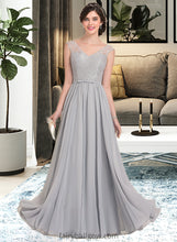 Load image into Gallery viewer, Harper A-Line V-neck Floor-Length Chiffon Lace Bridesmaid Dress With Bow(s) XXCP0013203