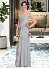 Load image into Gallery viewer, Harper A-Line V-neck Floor-Length Chiffon Lace Bridesmaid Dress With Bow(s) XXCP0013203