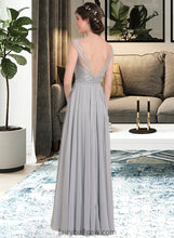 Load image into Gallery viewer, Harper A-Line V-neck Floor-Length Chiffon Lace Bridesmaid Dress With Bow(s) XXCP0013203