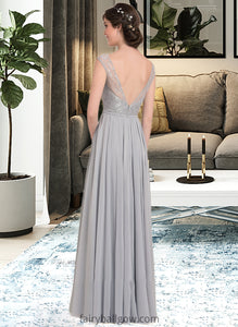 Harper A-Line V-neck Floor-Length Chiffon Lace Bridesmaid Dress With Bow(s) XXCP0013203