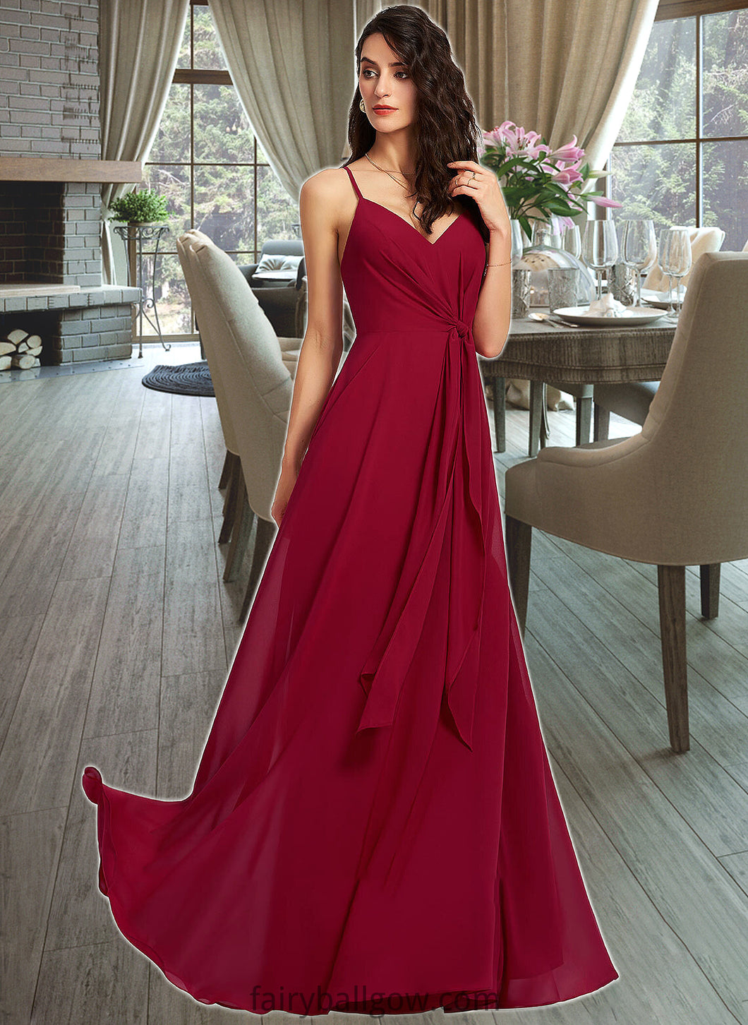 Belinda A-Line V-neck Floor-Length Bridesmaid Dress With Ruffle XXCP0013206