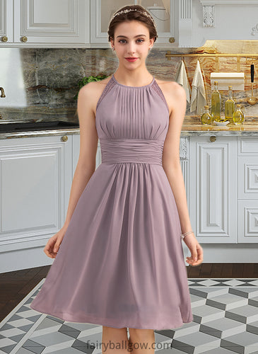 Ruby A-Line Scoop Neck Knee-Length Chiffon Lace Bridesmaid Dress With Ruffle XXCP0013209