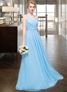 Meghan A-Line V-neck Floor-Length Chiffon Bridesmaid Dress With Ruffle Bow(s) XXCP0013211