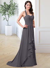 Load image into Gallery viewer, Marlee A-Line Halter Sweep Train Chiffon Bridesmaid Dress With Bow(s) Cascading Ruffles XXCP0013217