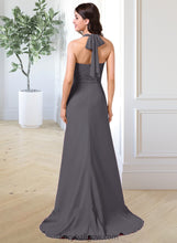 Load image into Gallery viewer, Marlee A-Line Halter Sweep Train Chiffon Bridesmaid Dress With Bow(s) Cascading Ruffles XXCP0013217