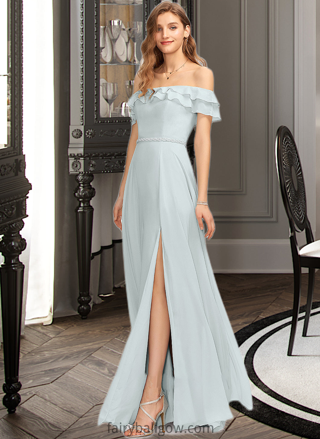 Jimena A-Line Off-the-Shoulder Floor-Length Chiffon Bridesmaid Dress With Beading Split Front Cascading Ruffles XXCP0013226