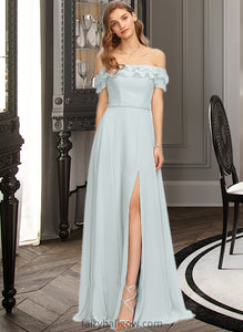 Jimena A-Line Off-the-Shoulder Floor-Length Chiffon Bridesmaid Dress With Beading Split Front Cascading Ruffles XXCP0013226