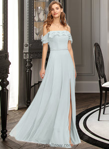 Jimena A-Line Off-the-Shoulder Floor-Length Chiffon Bridesmaid Dress With Beading Split Front Cascading Ruffles XXCP0013226