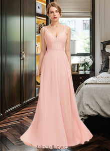 Leilani A-Line V-neck Floor-Length Chiffon Lace Bridesmaid Dress XXCP0013227