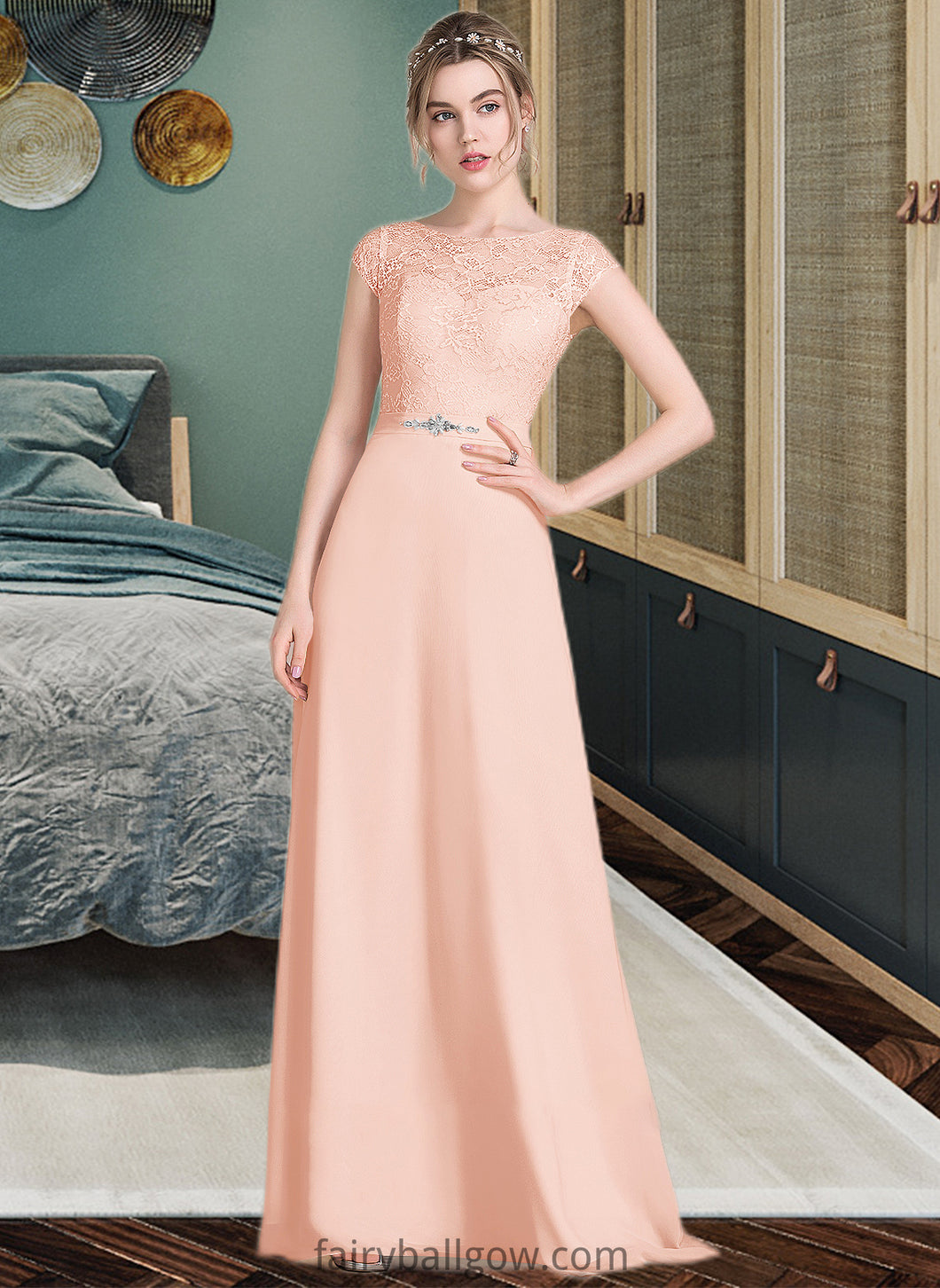 Myah A-Line Scoop Neck Floor-Length Chiffon Lace Bridesmaid Dress With Beading Bow(s) XXCP0013229