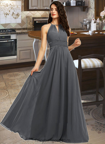 Carly A-Line Halter Floor-Length Chiffon Bridesmaid Dress With Ruffle Beading Sequins XXCP0013232