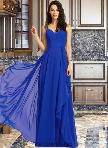 Iris A-Line V-neck Floor-Length Bridesmaid Dress With Ruffle XXCP0013233