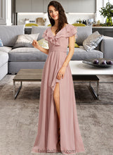 Load image into Gallery viewer, Meghan A-Line V-neck Floor-Length Bridesmaid Dress With Ruffle Split Front XXCP0013234