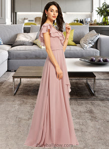 Meghan A-Line V-neck Floor-Length Bridesmaid Dress With Ruffle Split Front XXCP0013234