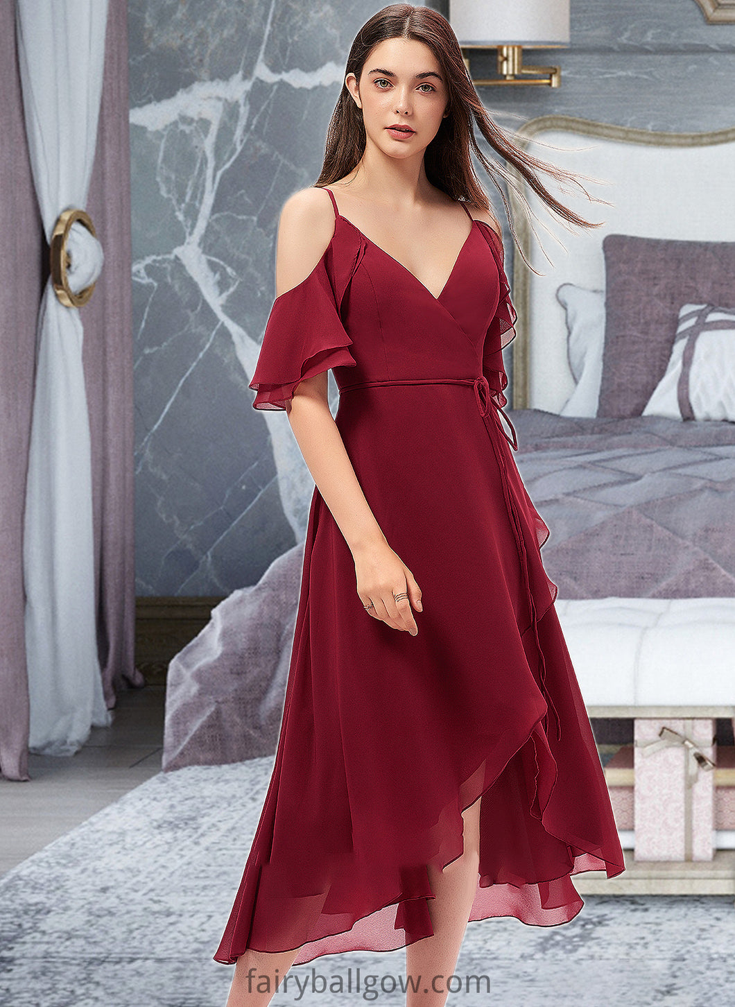 Taniya A-Line V-neck Asymmetrical Chiffon Bridesmaid Dress With Cascading Ruffles XXCP0013236