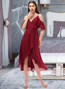 Taniya A-Line V-neck Asymmetrical Chiffon Bridesmaid Dress With Cascading Ruffles XXCP0013236