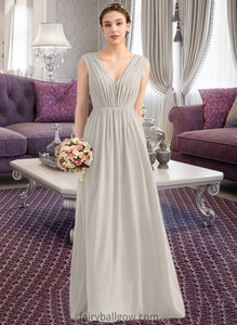 Nia A-Line V-neck Floor-Length Chiffon Lace Bridesmaid Dress With Ruffle XXCP0013238