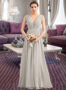 Nia A-Line V-neck Floor-Length Chiffon Lace Bridesmaid Dress With Ruffle XXCP0013238