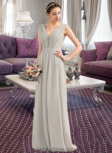 Nia A-Line V-neck Floor-Length Chiffon Lace Bridesmaid Dress With Ruffle XXCP0013238