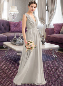 Nia A-Line V-neck Floor-Length Chiffon Lace Bridesmaid Dress With Ruffle XXCP0013238