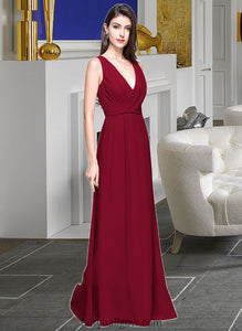 Jocelyn A-line V-Neck Floor-Length Chiffon Bridesmaid Dress With Ruffle XXCP0013240