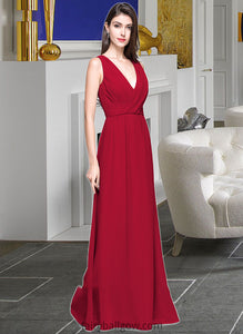 Jocelyn A-line V-Neck Floor-Length Chiffon Bridesmaid Dress With Ruffle XXCP0013240