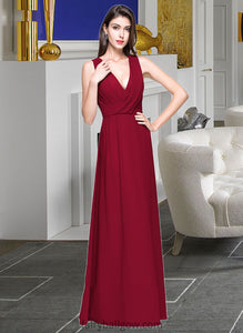 Jocelyn A-line V-Neck Floor-Length Chiffon Bridesmaid Dress With Ruffle XXCP0013240