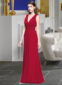 Jocelyn A-line V-Neck Floor-Length Chiffon Bridesmaid Dress With Ruffle XXCP0013240