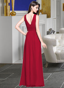 Jocelyn A-line V-Neck Floor-Length Chiffon Bridesmaid Dress With Ruffle XXCP0013240