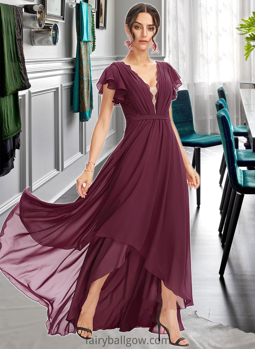 Seraphina A-Line V-neck Asymmetrical Bridesmaid Dress With Lace Cascading Ruffles XXCP0013243