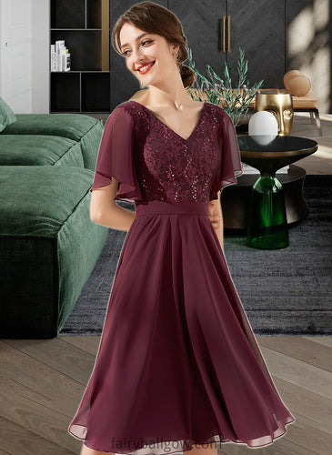 Lauryn A-Line V-neck Knee-Length Chiffon Lace Bridesmaid Dress With Sequins XXCP0013246