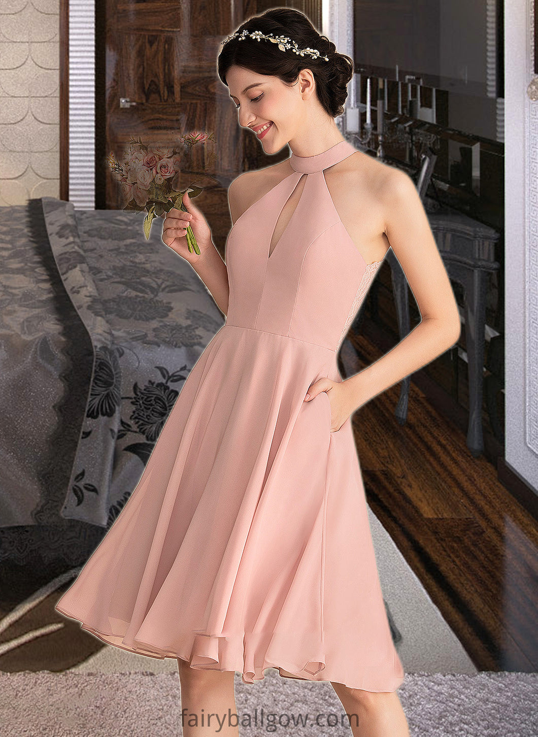 Josephine A-Line Scoop Neck Knee-Length Chiffon Bridesmaid Dress With Lace Pockets XXCP0013249