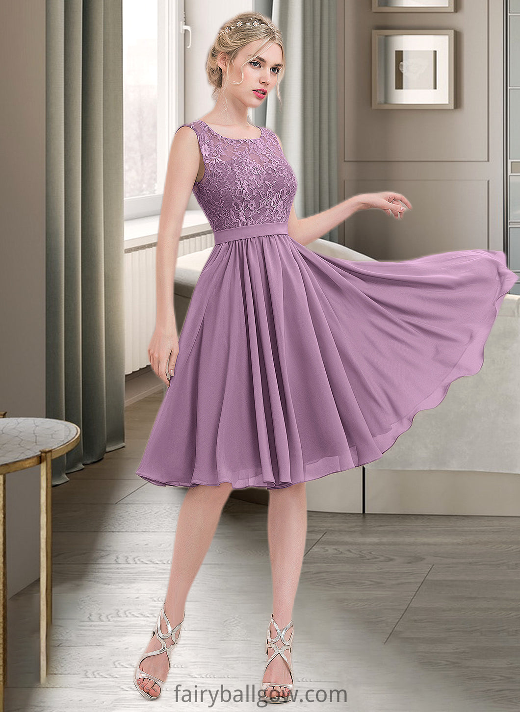 Casey A-Line Square Neckline Knee-Length Chiffon Lace Bridesmaid Dress XXCP0013252