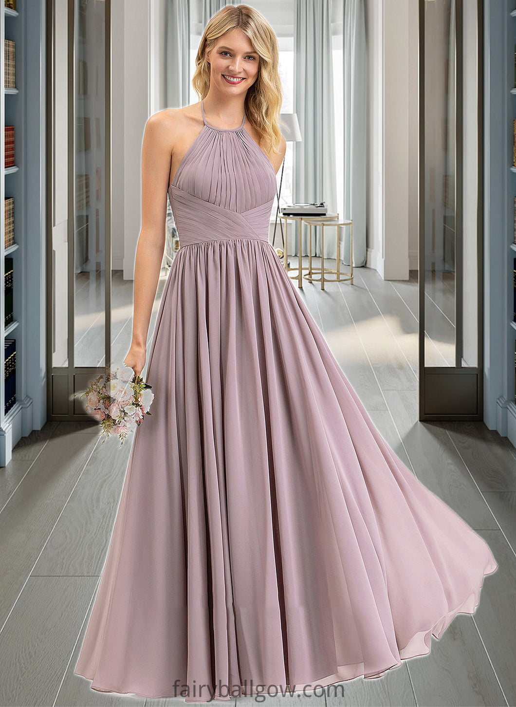 Alejandra Empire Halter Floor-Length Chiffon Bridesmaid Dress With Ruffle Bow(s) XXCP0013258